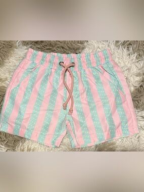 Rosie B. Pink & Light Blue Striped Swim Trunks with Yellow Dot Accents